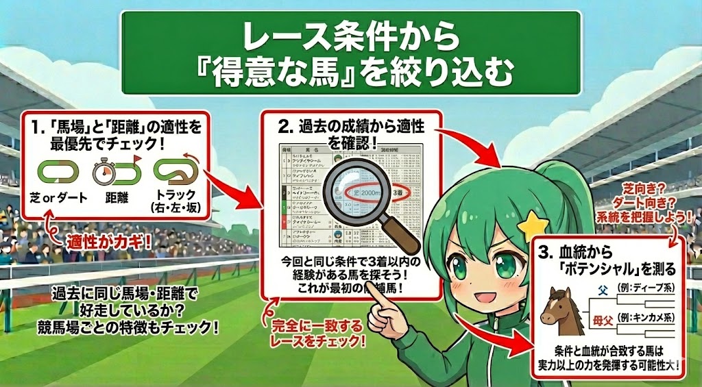 レース条件から得意な馬を絞り込む
